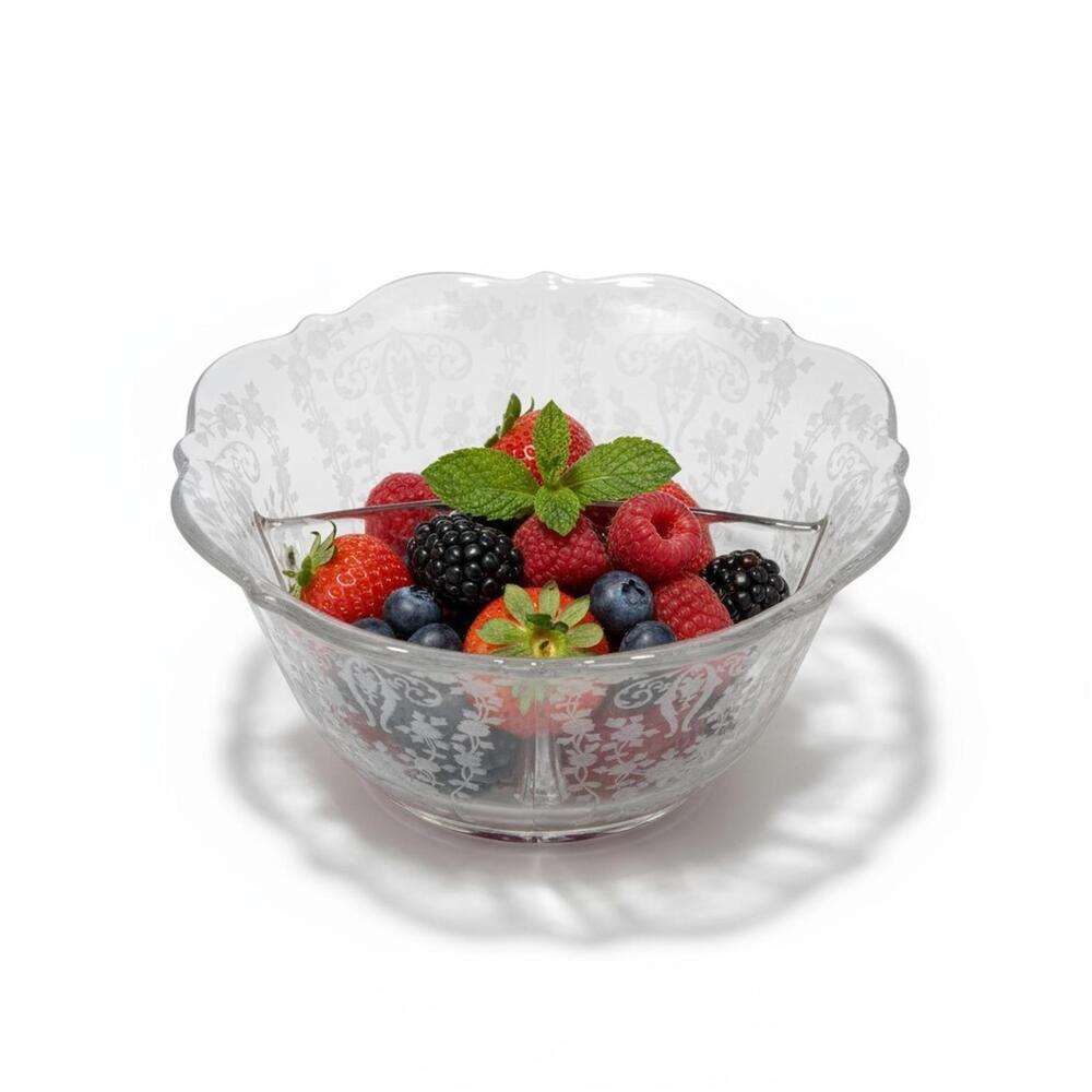 Rose Point Cambridge Clear Glass Divided Bowl Elegant Etched Vintage